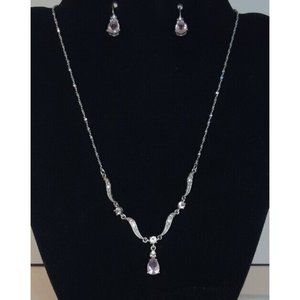 Women's Silver Toned Pink Stone Necklace And Earring Bridal Set